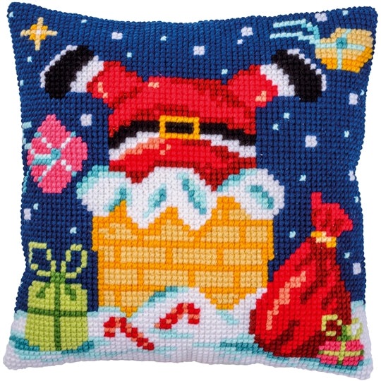 Chimney Santa cross stitch cushion kit with hand painted canvas and thick acrylic yarn