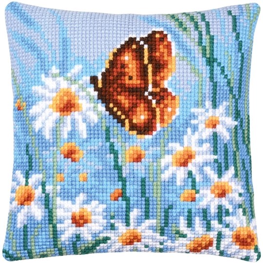 Blue cross stitch butterfly and flowers cushion front kit on hand painted canvas