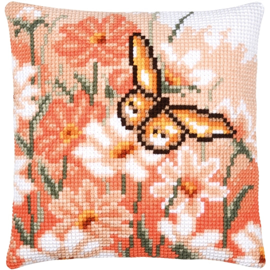 Butterfly and flowers cross stitch cushion kit with orange floral design