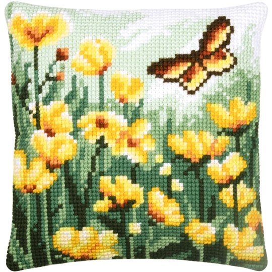 Butterfly and flowers cross stitch design on green cushion kit front