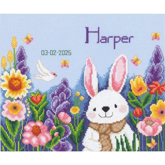 Rabbit in the Garden cross stitch kit with 18 count blue aida and DMC cottons