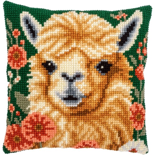 Alpaca cross stitch cushion kit with hand painted canvas and yarn