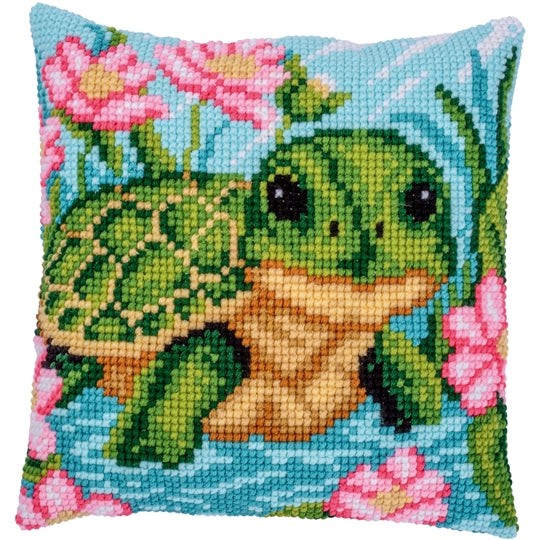Little Turtle Cross Stitch cushion kit with hand painted canvas and acrylic yarn