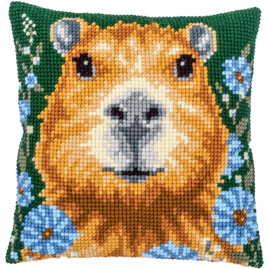 Capibara cross stitch cushion kit with hand painted canvas and thick acrylic yarn