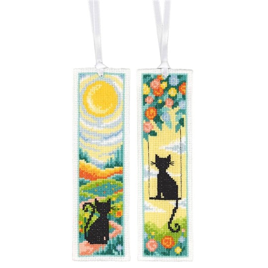 Cats in the Garden cross stitch bookmark kit with cats and flowers on 14 count aida fabric
