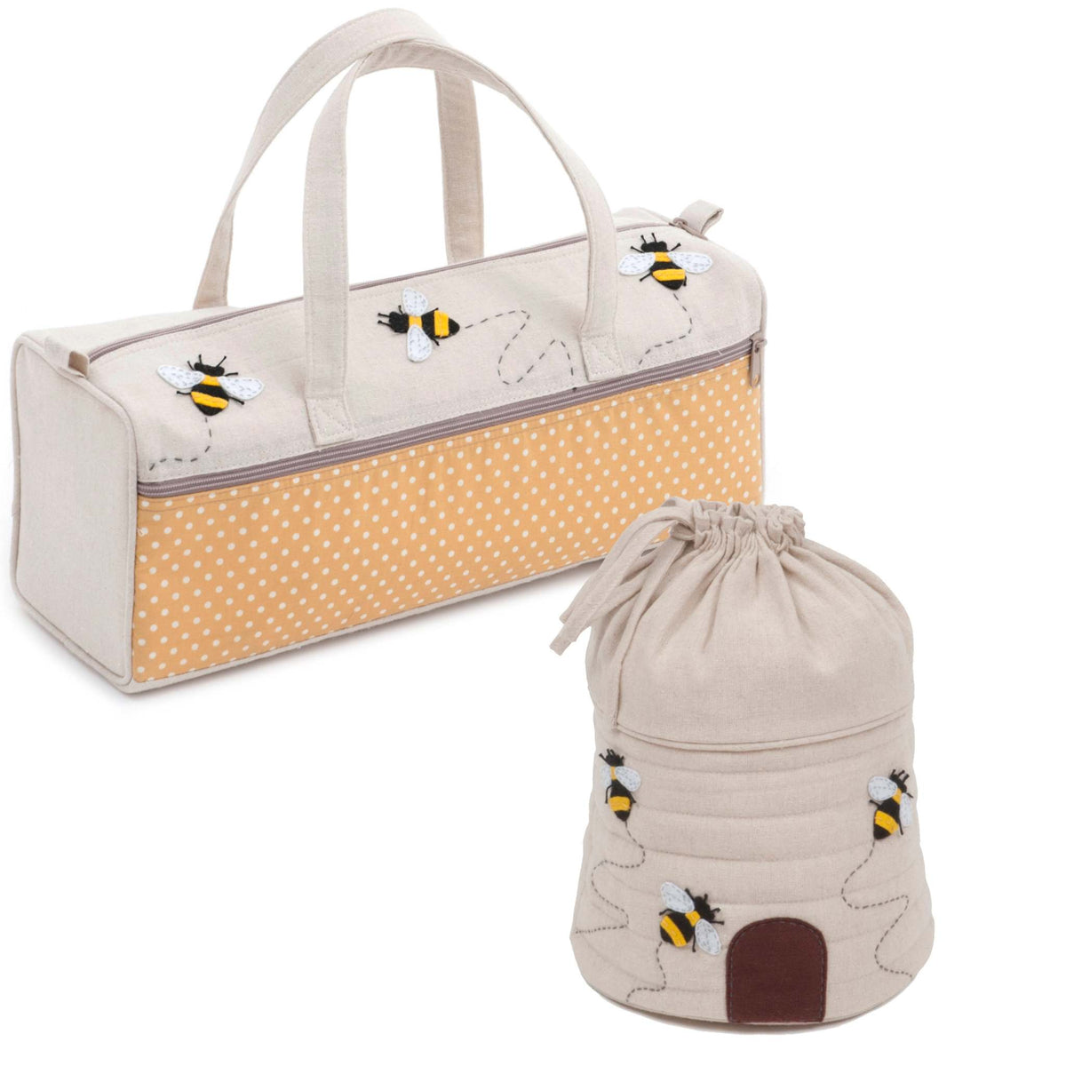 Matching set knitting bag and drawstring yarn holder with bee appliqué designs