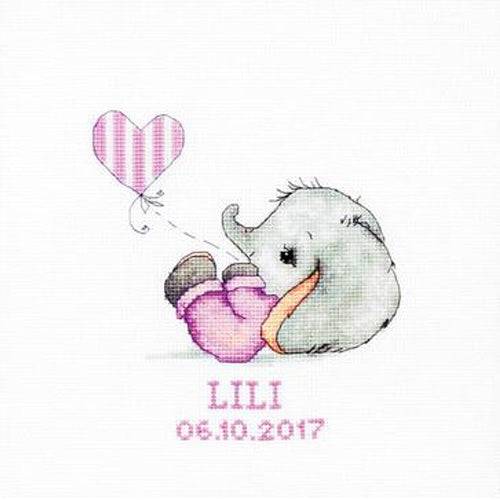 Baby girl elephant cross stitch with pink heart balloon and personalized birth record name and date