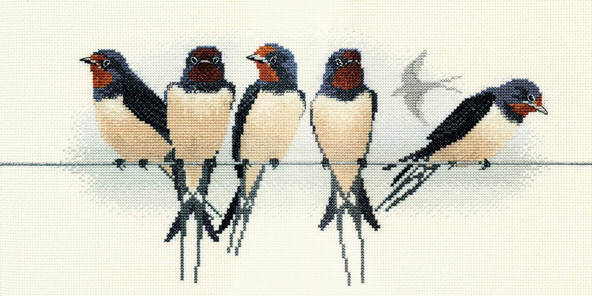 Cross stitch artwork of five swallows perched on a wire from Birds - Swallows Cross Stitch Kit