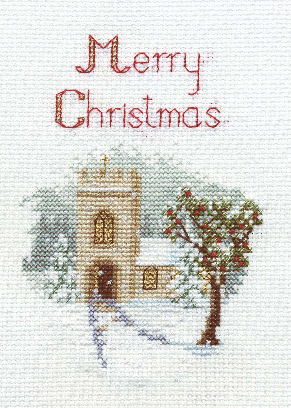 Christmas card cross stitch kit with church and tree design and Merry Christmas text