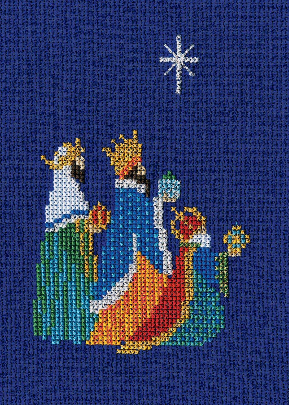 Three Kings Christmas card cross stitch on navy aida fabric with star and gift-bearing wise men