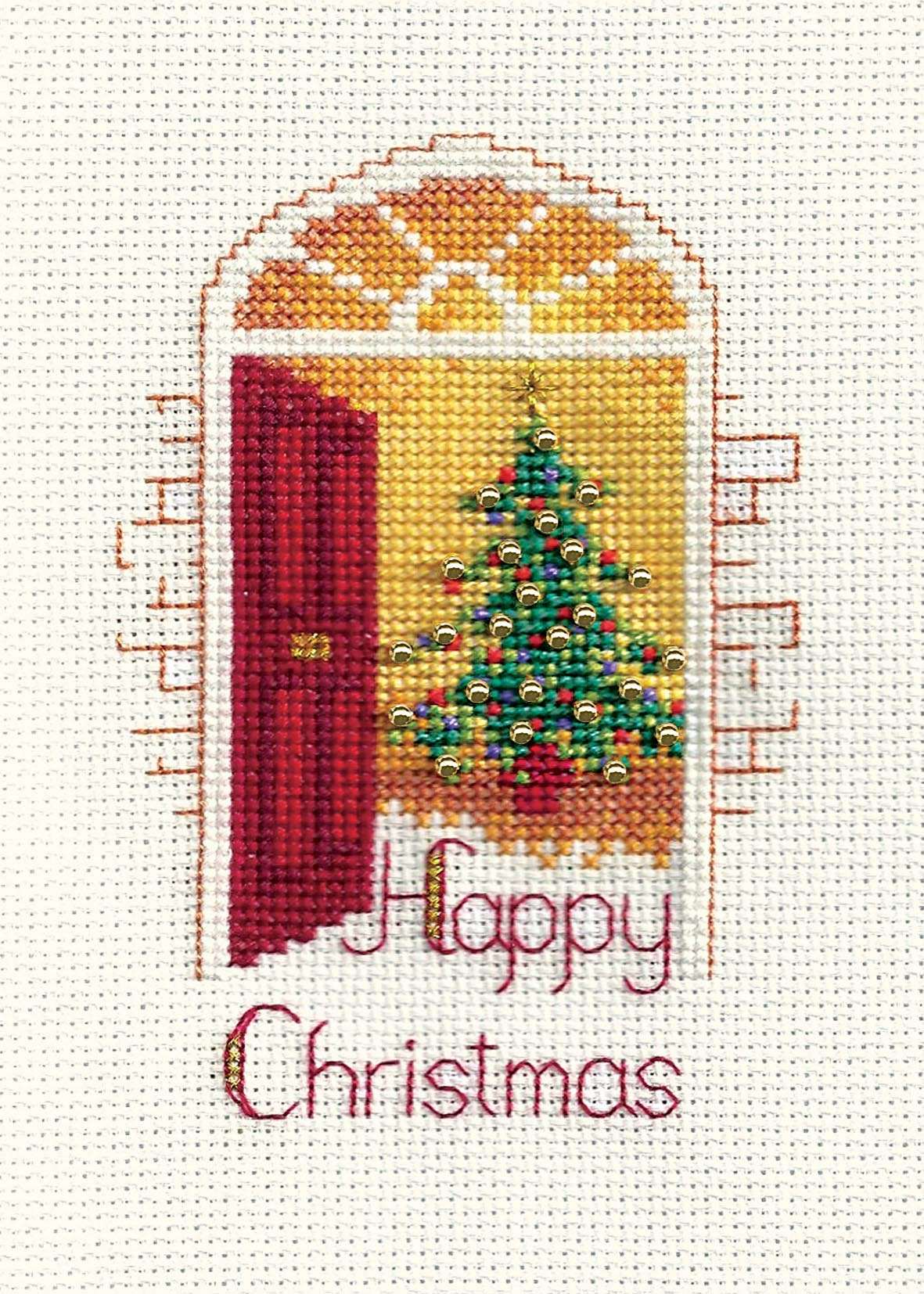 Warm Welcome Christmas Card cross stitch with open door and decorated Christmas tree design
