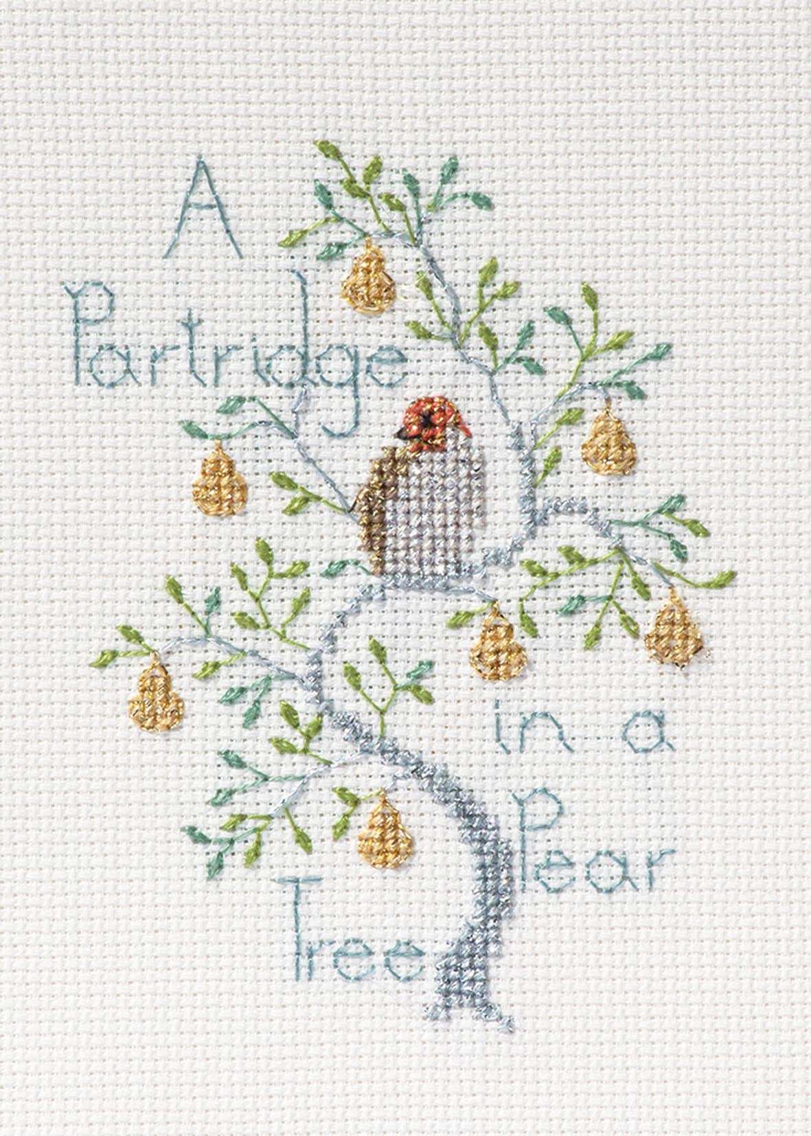 A Partridge in a Pear Tree cross stitch design with bird and pears