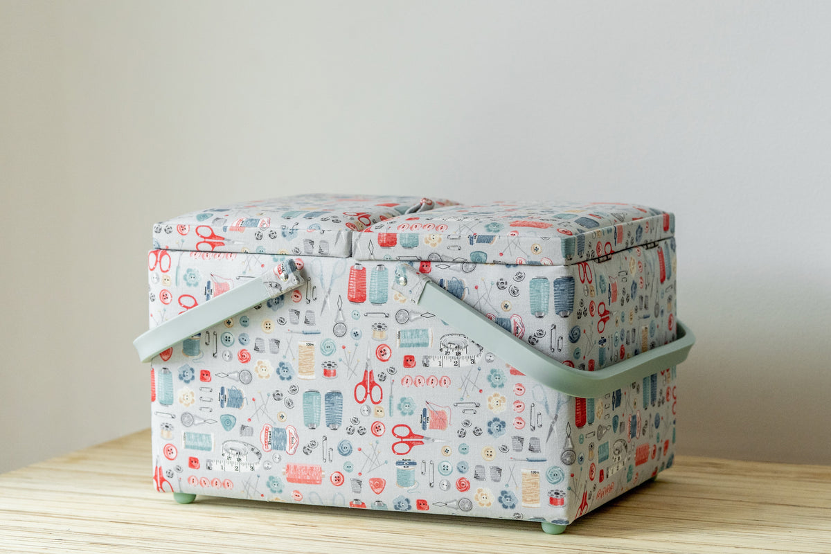 Stitch in Time large twin lid sewing box with patterned fabric and double handle for easy carrying