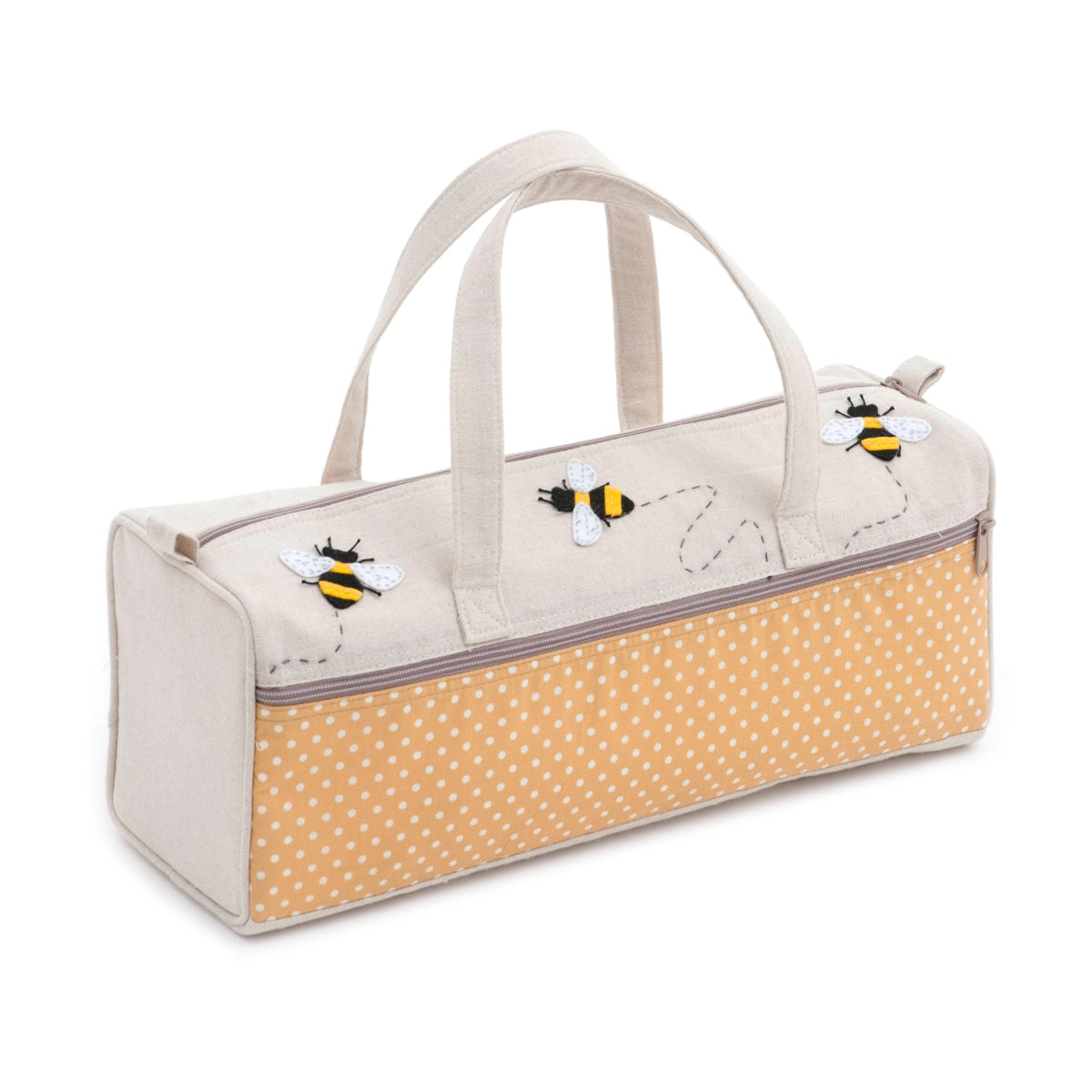 Matching set knitting bag with bee appliqué and polka dot drawstring yarn holder