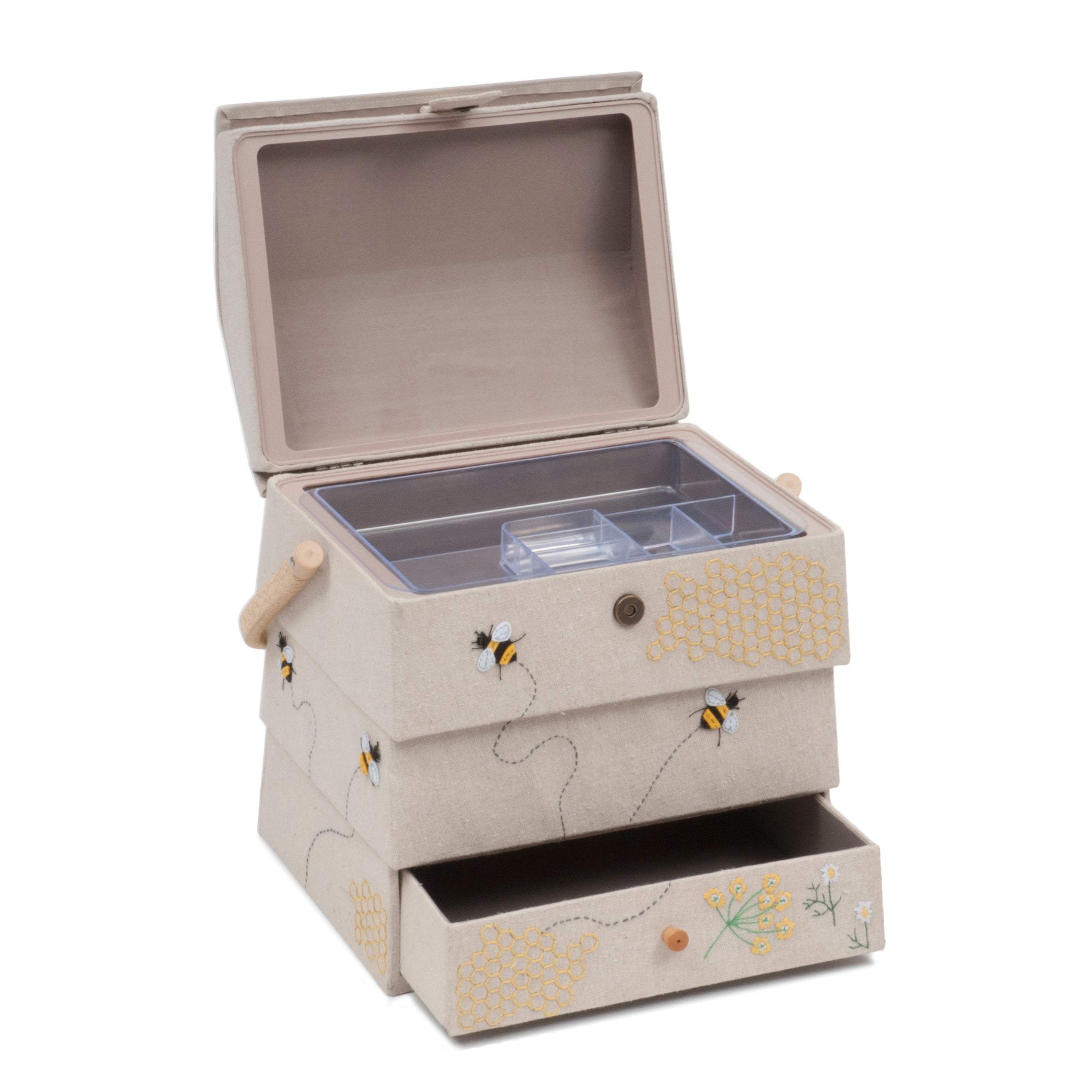Extra large beehive basket sewing box with bees and honeycomb design, open showing plastic tray and storage drawer