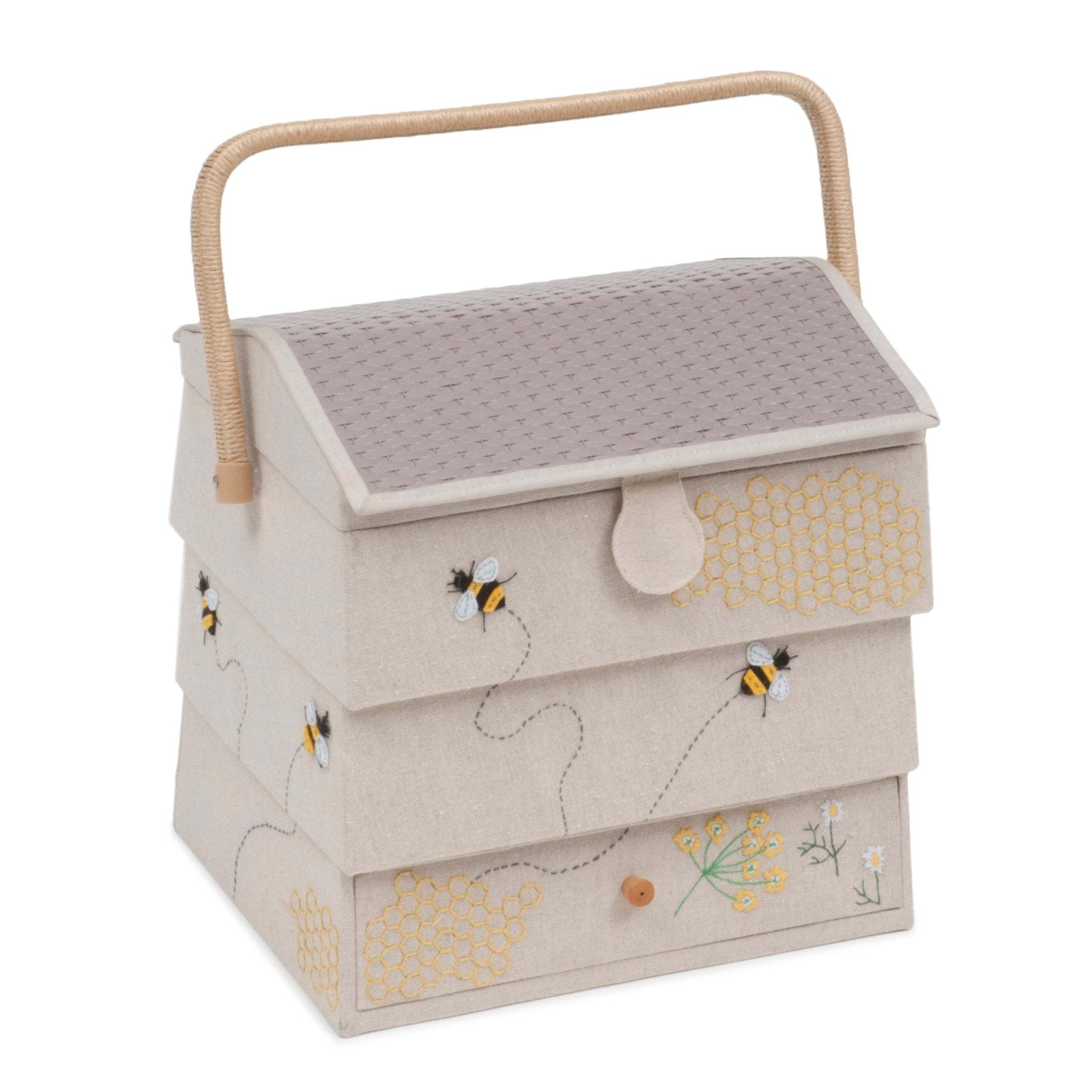 Extra large beehive basket sewing box with bee and honeycomb design and handle