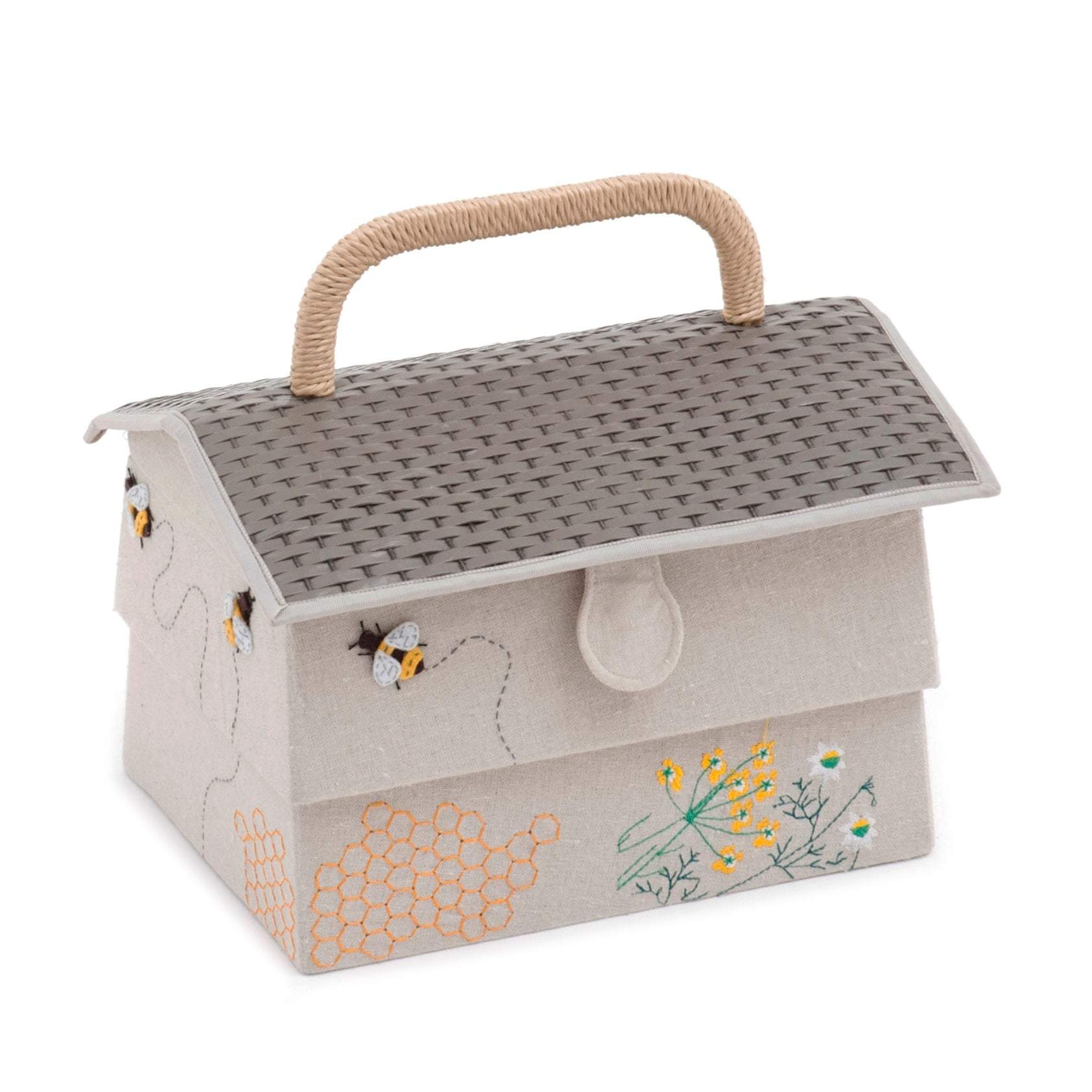 Beehive Sewing Box shaped like a hive with bumblebee and honeycomb fabric design and rope handle