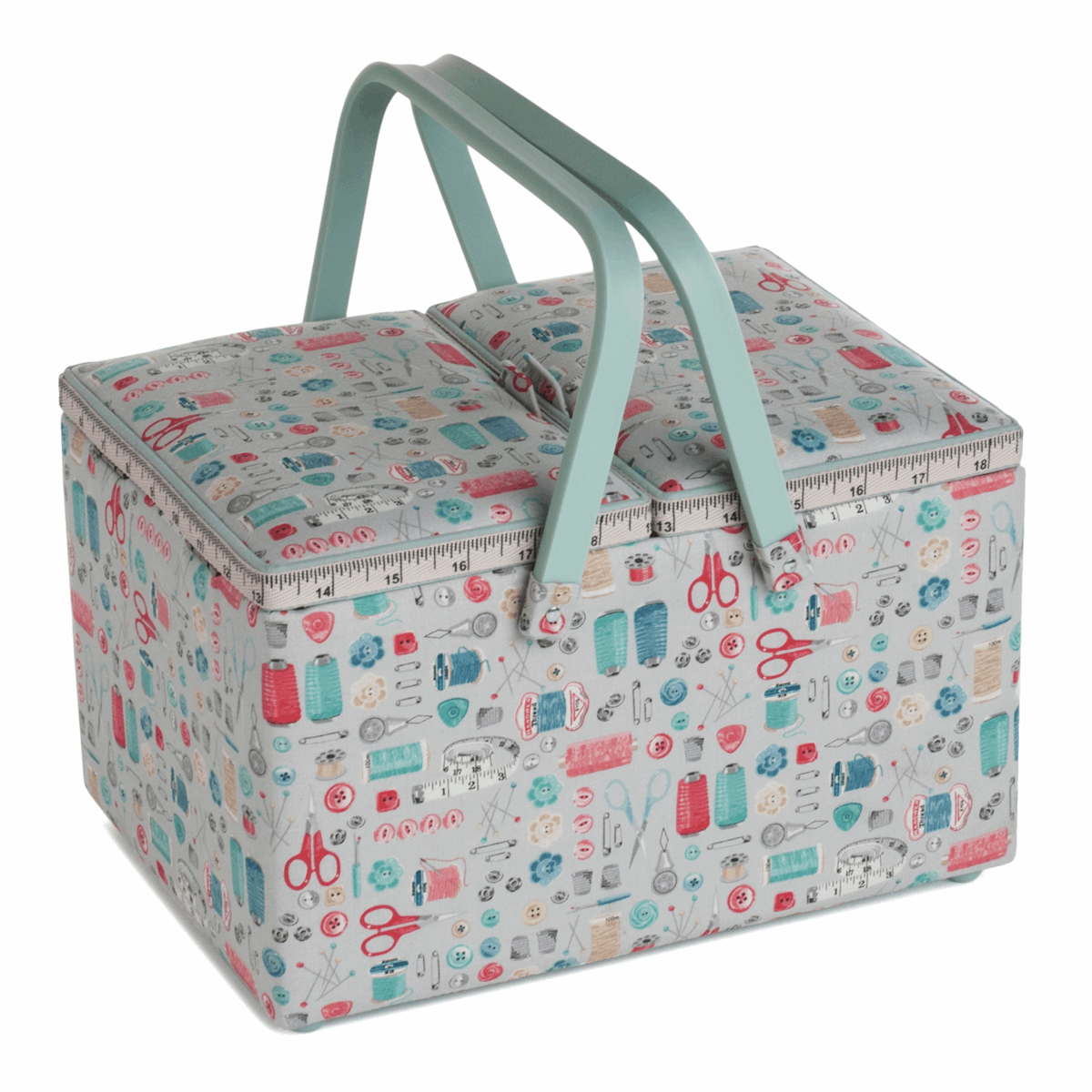 Stitch in Time large twin lid sewing box with double handles and sewing-themed print