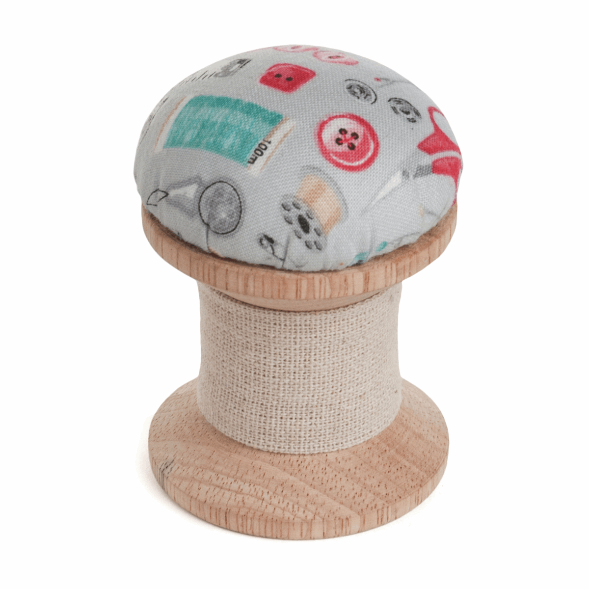 Pin cushion with wooden base for sewing, part of woven basket stitch set