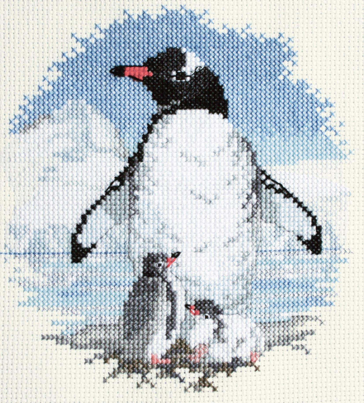 Cross stitch kit featuring birds - penguins and chicks on 14 count antique white aida fabric with metallic thread details
