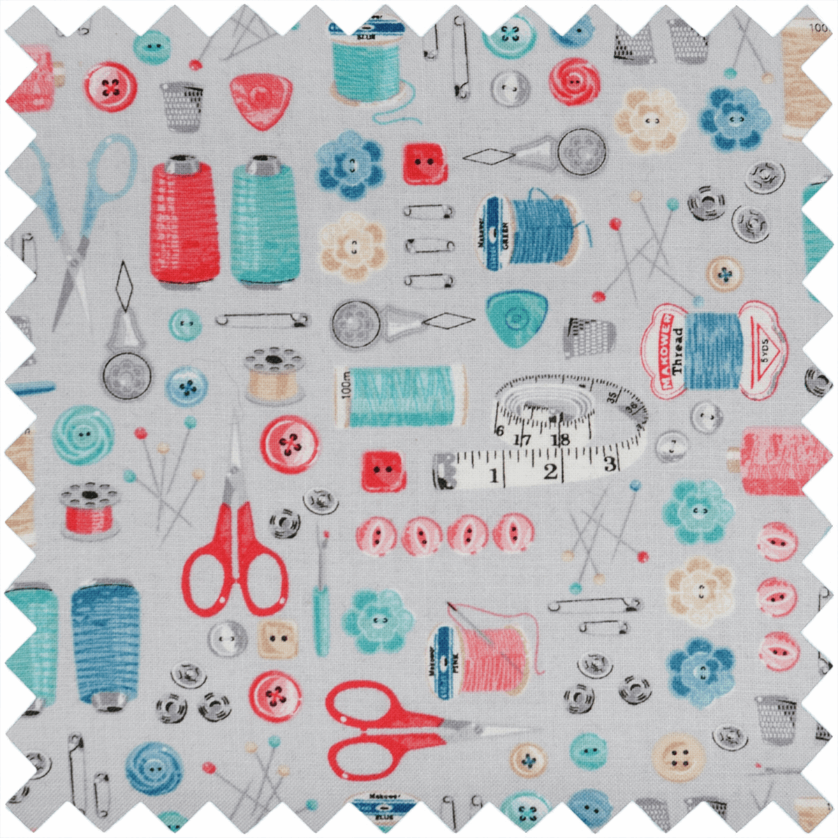 Victorian sewing case fabric pattern with scissors, thread spools, needles, buttons, and measuring tape design
