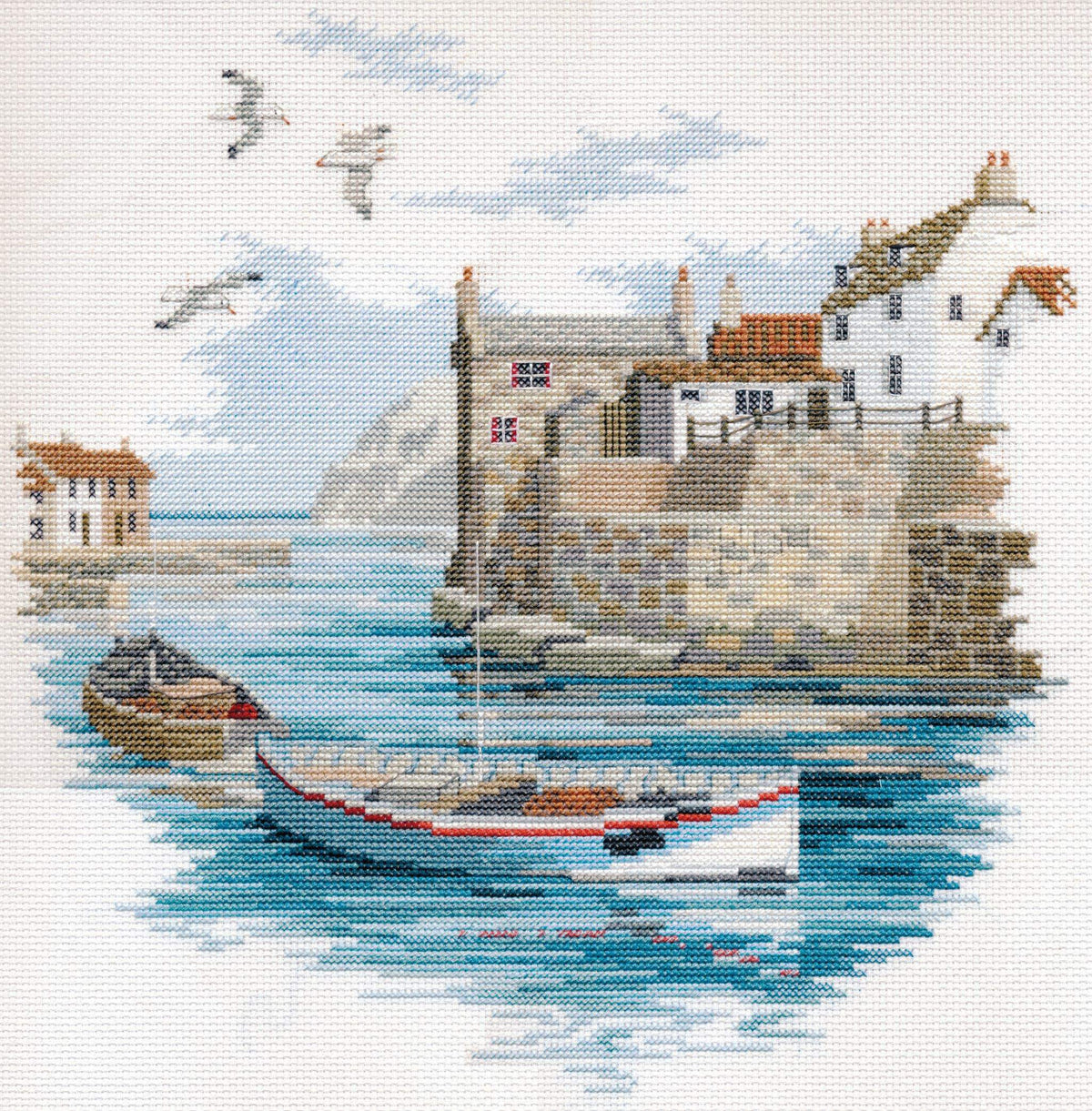 Secluded port coastal Britain cross stitch kit with boats and seaside cottages