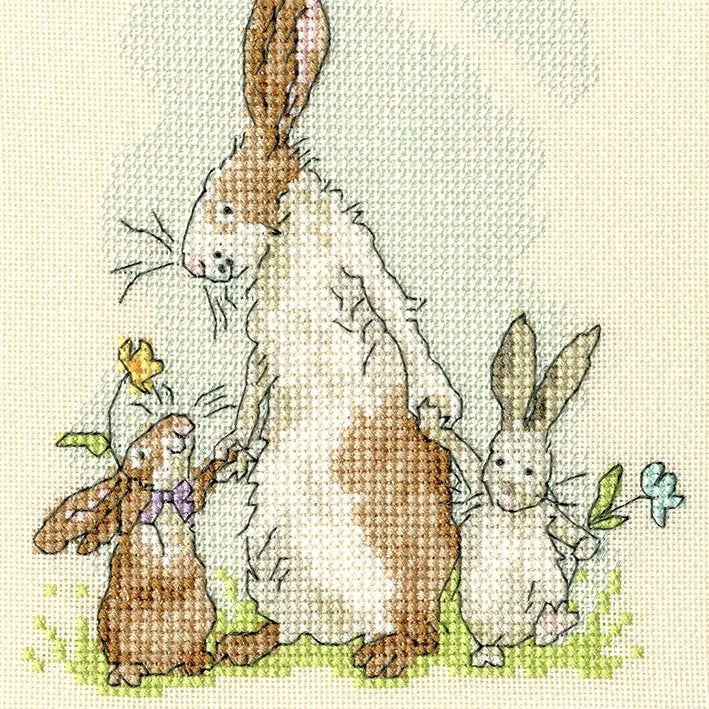 Bothy Threads I Picked This For You cross stitch kit featuring three rabbits and floral accents