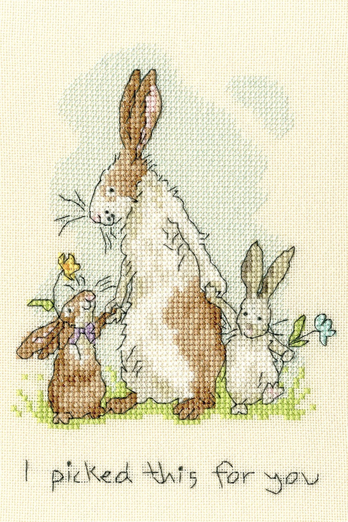 Bothy Threads I Picked This For You cross stitch kit featuring three rabbits and floral accents