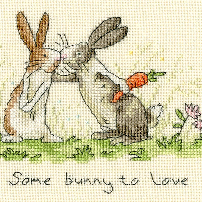 Cross stitch kit featuring two bunnies with a carrot and flowers, titled Some Bunny To Love by Bothy Threads