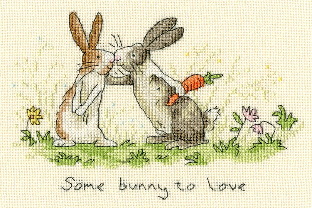 Cross stitch kit featuring two bunnies with a carrot and flowers, titled Some Bunny To Love by Bothy Threads