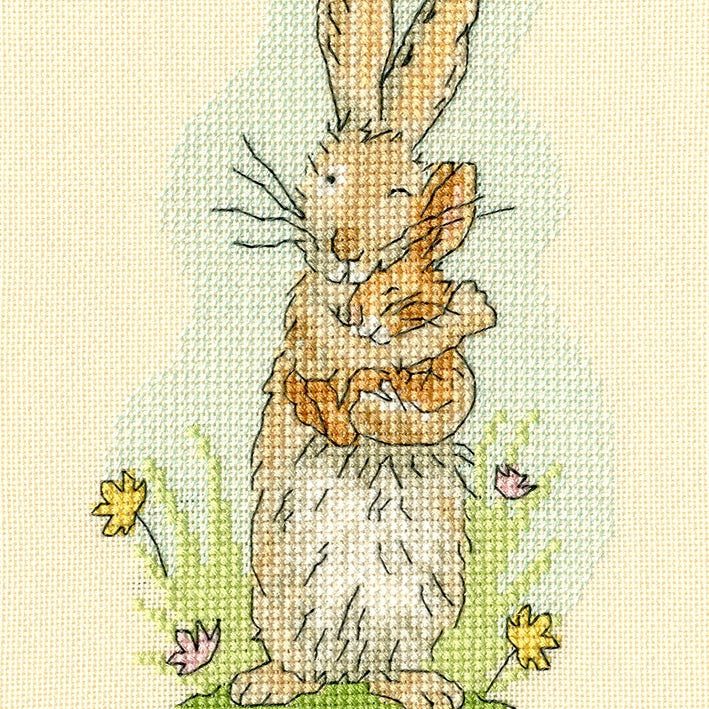 I've Got You Babe cross stitch kit featuring a rabbit hugging a smaller bunny with flowers and handwritten text