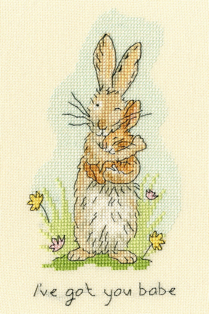 I've Got You Babe cross stitch kit featuring a rabbit hugging a smaller bunny with flowers and handwritten text
