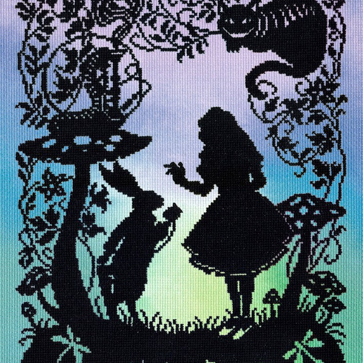 Alice in Wonderland cross stitch kit silhouette with Alice, rabbit, and cat on gradient background
