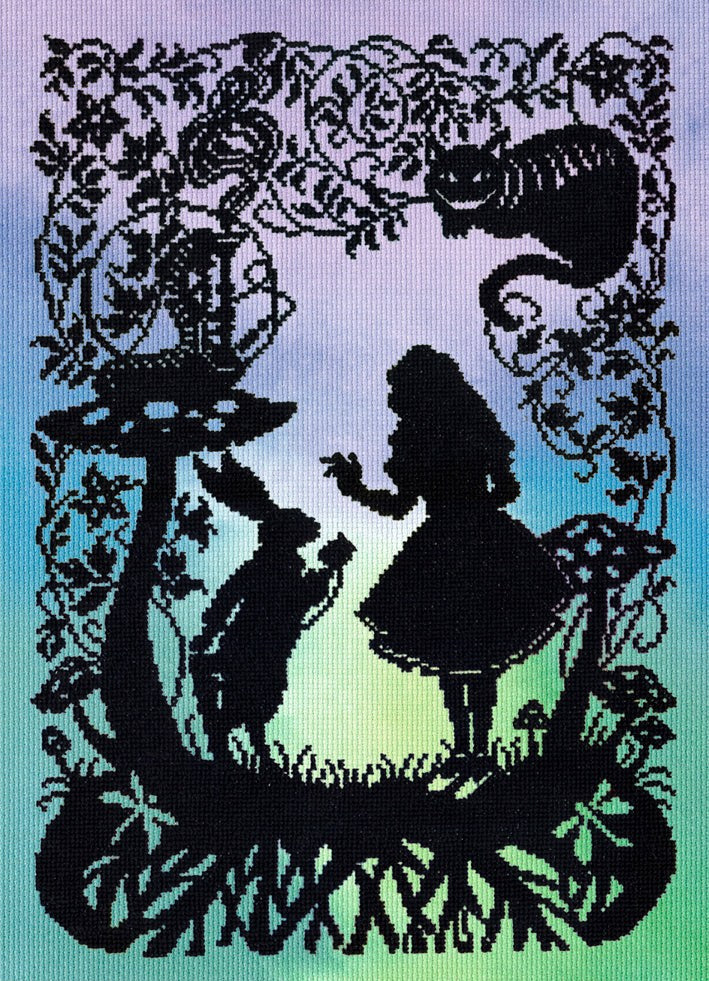 Alice in Wonderland cross stitch kit silhouette with Alice, rabbit, and cat on gradient background