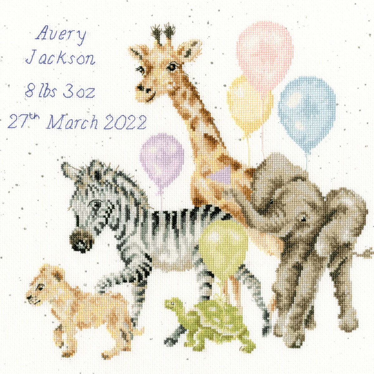 Welcome to the World Cross Stitch Kit with baby animals and balloons design for personalized birth details