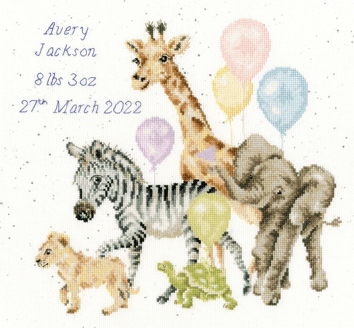 Welcome to the World Cross Stitch Kit with baby animals and balloons design for personalized birth details