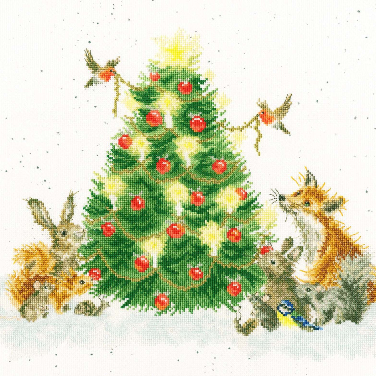 Oh Christmas Tree Cross Stitch Kit featuring decorated Christmas tree with animals and birds around it on aida fabric