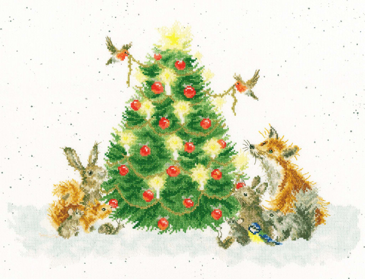 Oh Christmas Tree Cross Stitch Kit featuring decorated Christmas tree with animals and birds around it on aida fabric