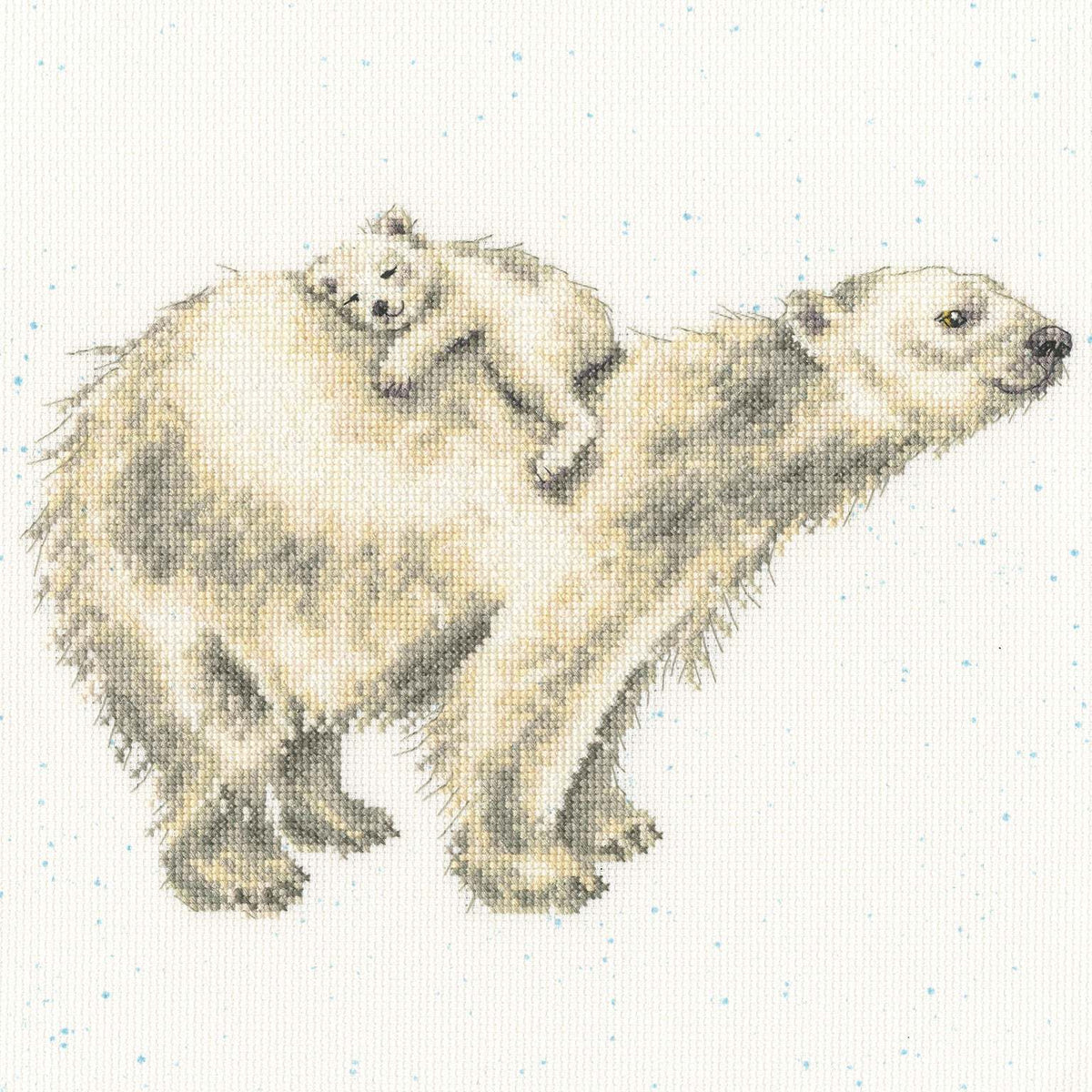 Snow Baby Cross Stitch Kit featuring a mother polar bear with a cub on her back on speckled 14 count Aida fabric