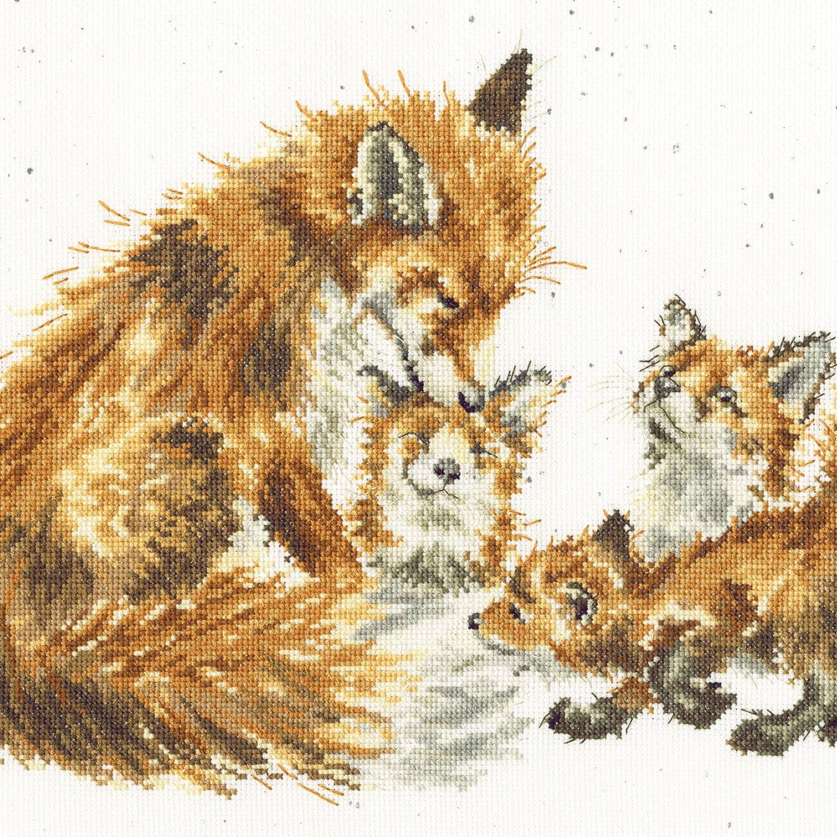 Bothy Threads The Bedtime Kiss cross stitch kit featuring a fox family design on 16 count Aida fabric