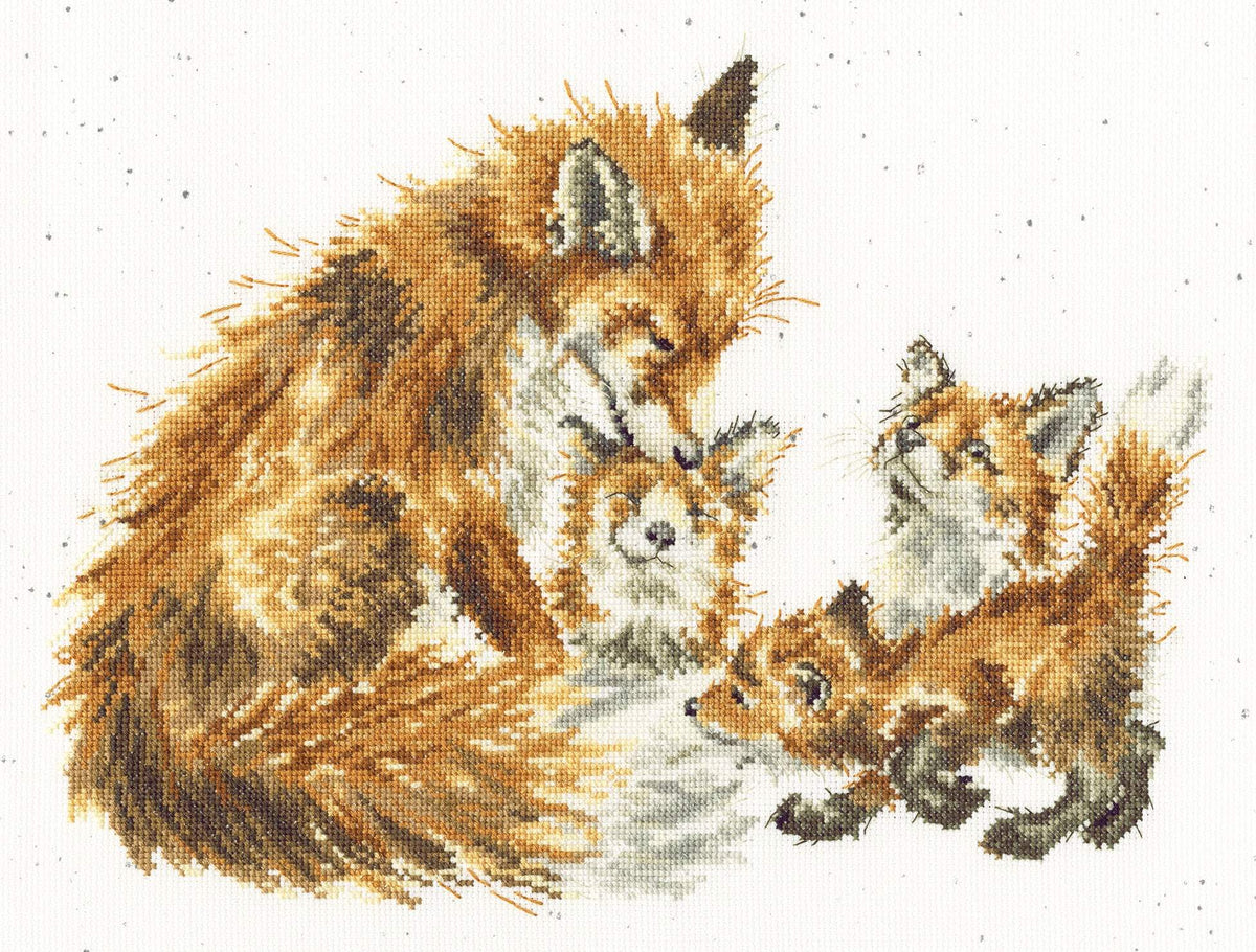 Bothy Threads The Bedtime Kiss cross stitch kit featuring a fox family design on 16 count Aida fabric