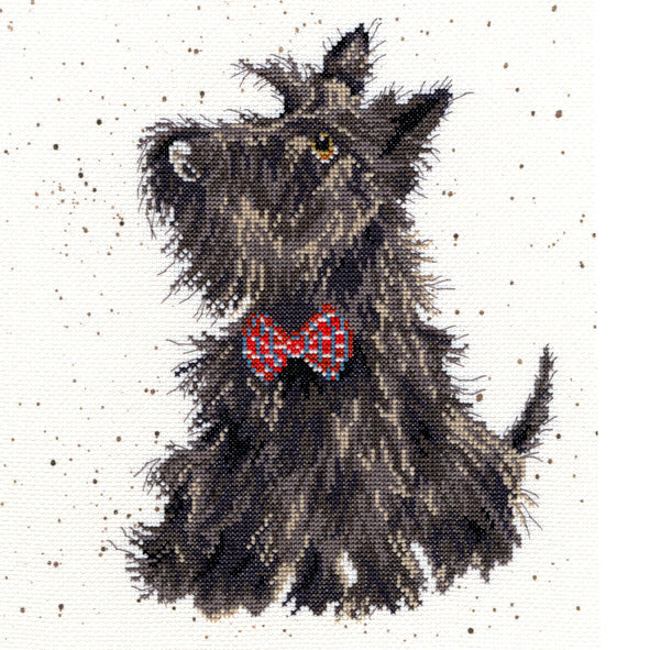 Scottie dog cross stitch kit with red bow tie on speckled background, counted cross stitch design by Hannah Dale