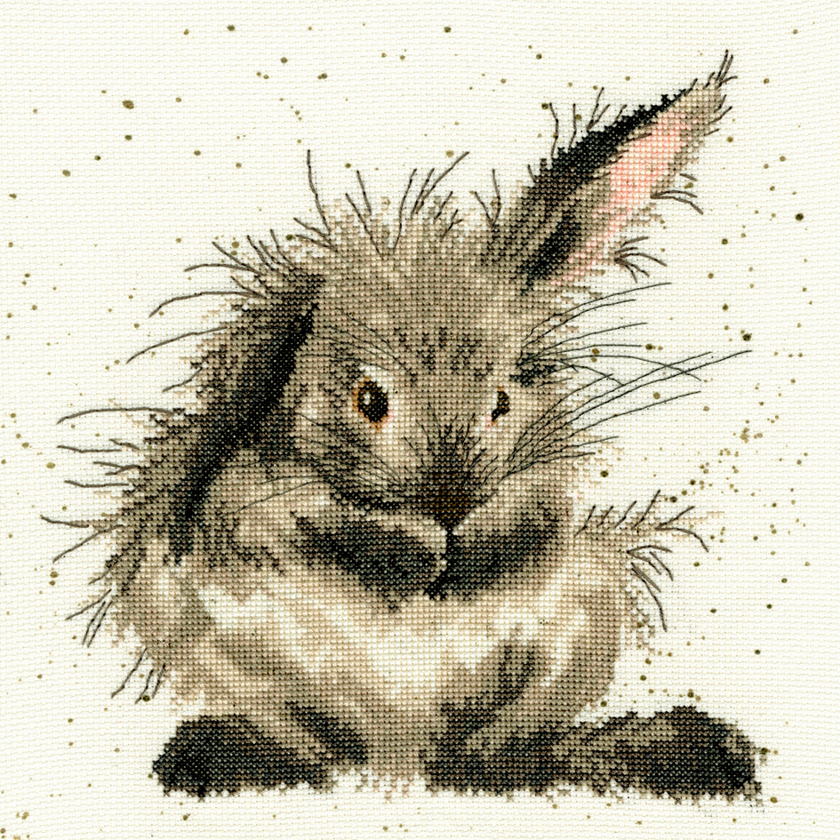 Bath Time Cross Stitch Kit featuring a rabbit giving himself a wash on 14 count Aida fabric