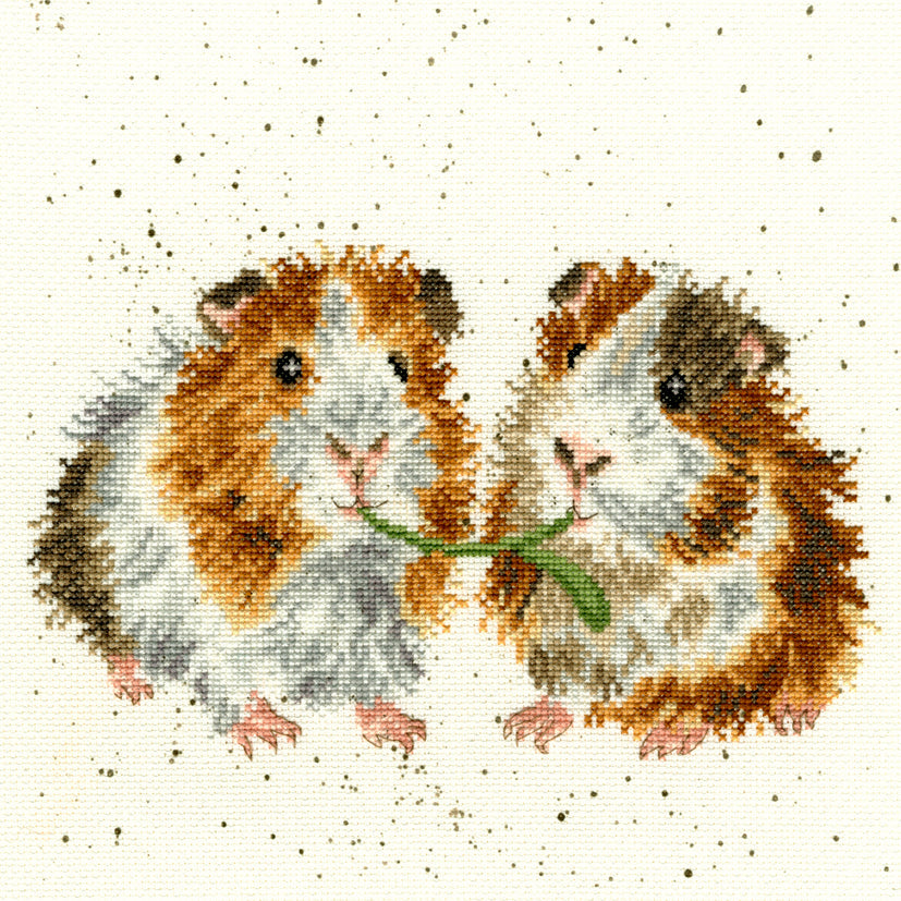 Cross stitch kit with two guinea pigs sharing a lettuce leaf on speckled Aida fabric