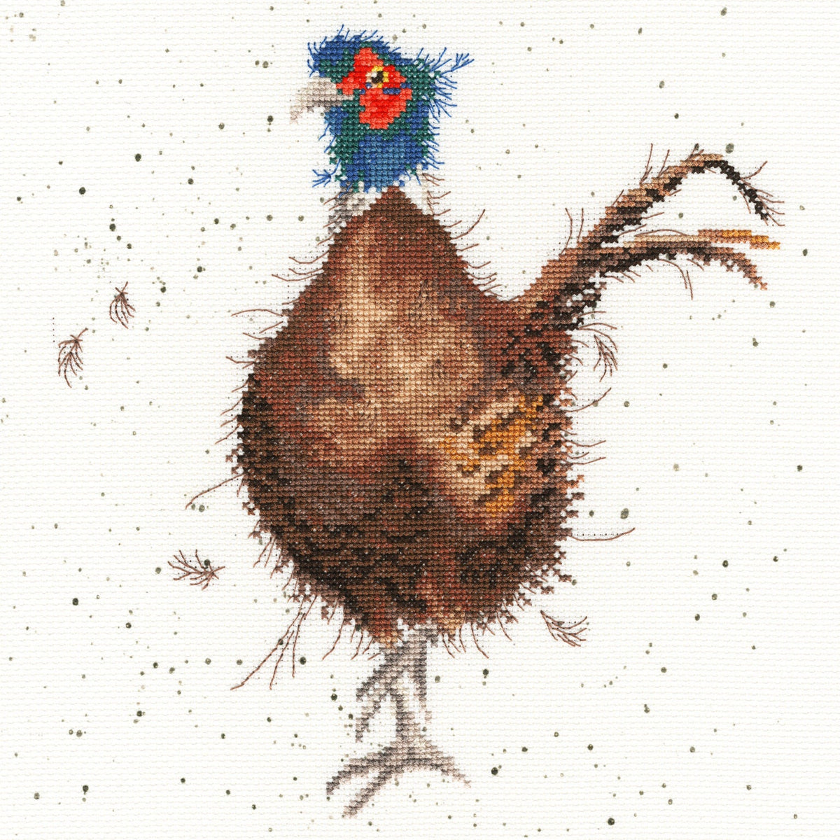 Lord of the Woods cross stitch design featuring a detailed pheasant on speckled Aida fabric