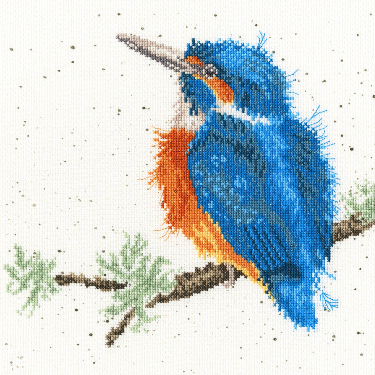 King of the River cross stitch featuring a vibrant blue and orange kingfisher on a branch
