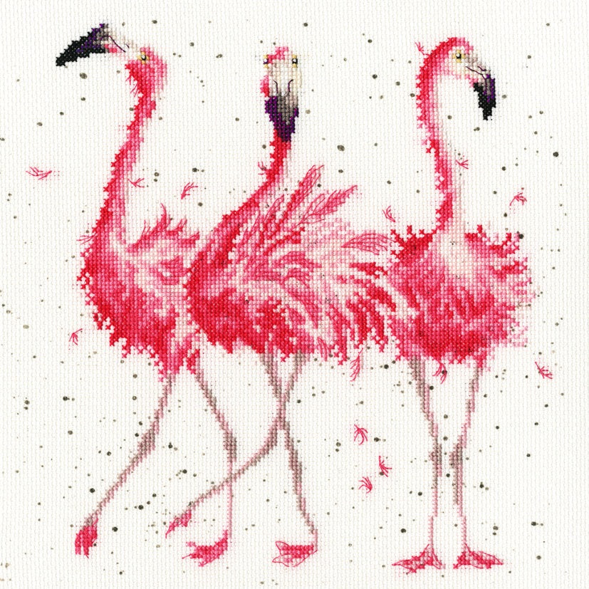Pink Ladies Gift Set cross stitch kit featuring three pink flamingos on white fabric