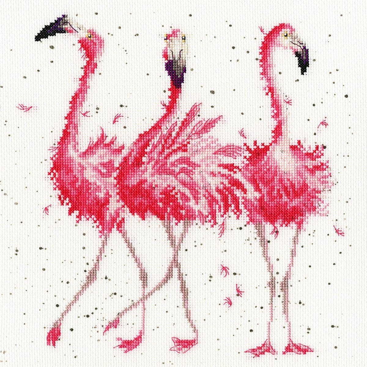 Pink Ladies Cross Stitch Kit featuring three pink flamingos on speckled fabric by Bothy Threads