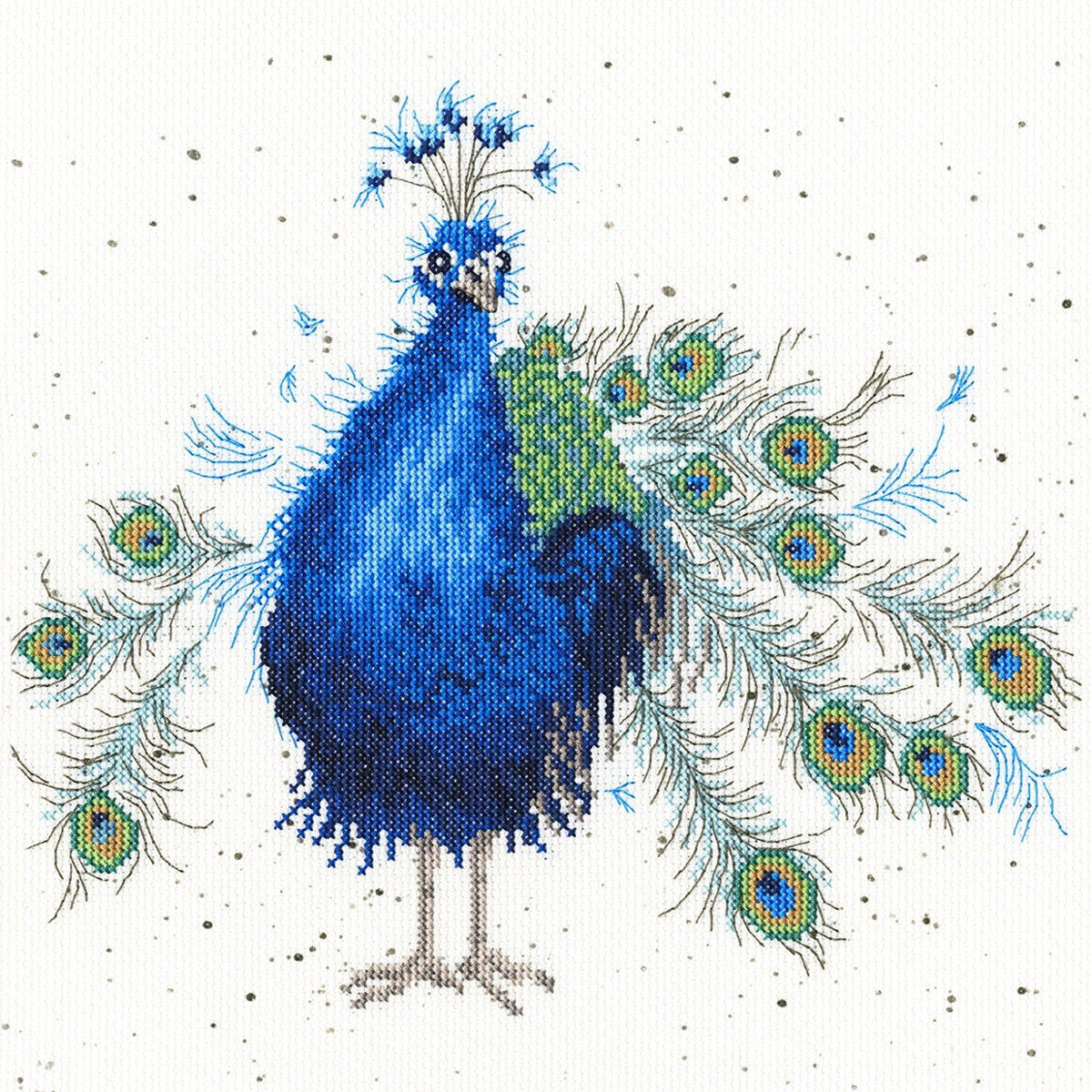 Practically Perfect Cross Stitch Kit peacock design by Hannah Dale on 14 count Aida fabric with colorful feather details