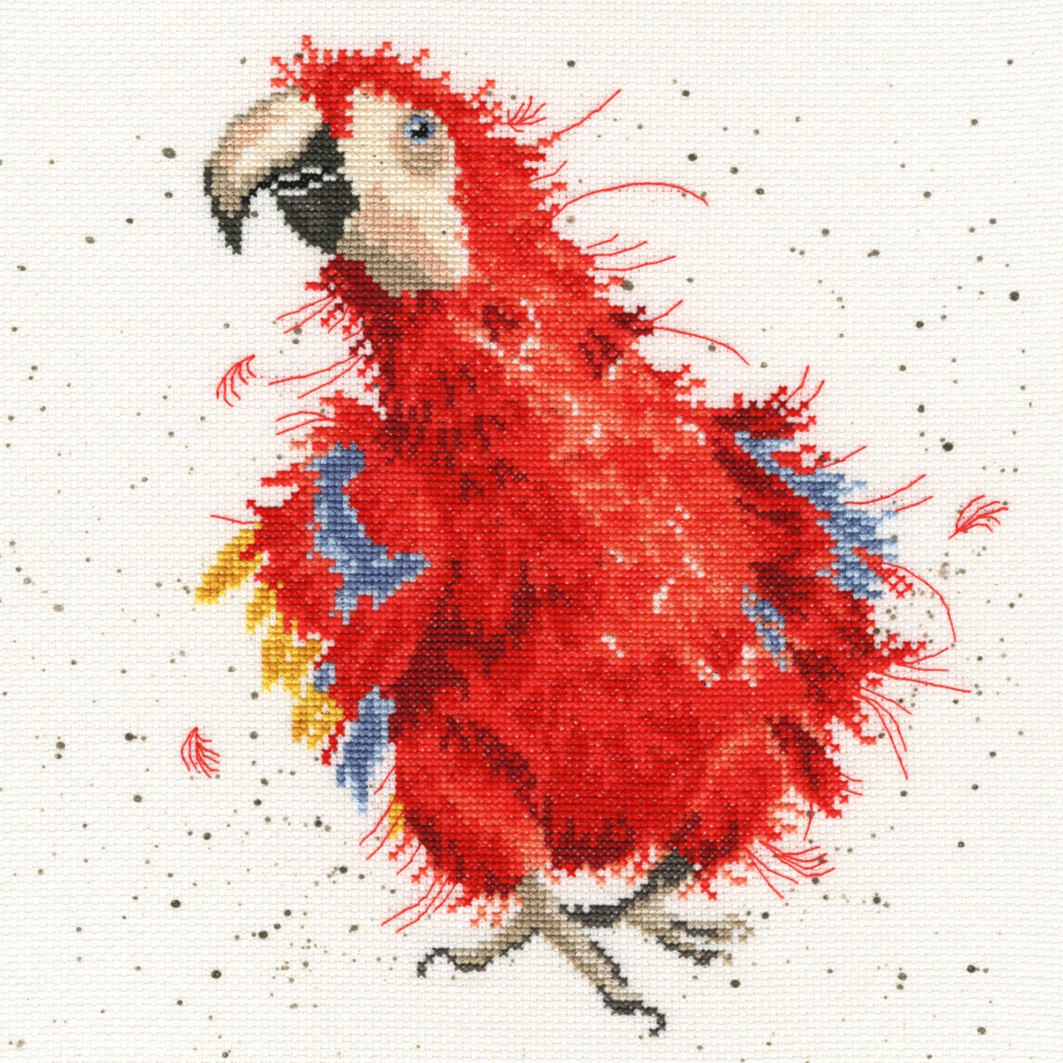 Detailed cross stitch kit of a quirky red parrot from Parrot on Parade kit by Bothy Threads